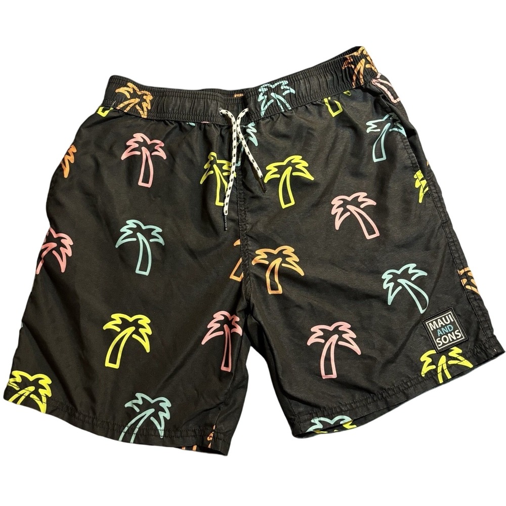 Maui and Sons Swim Trunks Men's Black Excellent Neon Palm Tree Print Medium